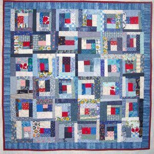 Baby Quilt or Lap Quilt ~ Scrappy Fabrics in Blue & Red ~ Handmade